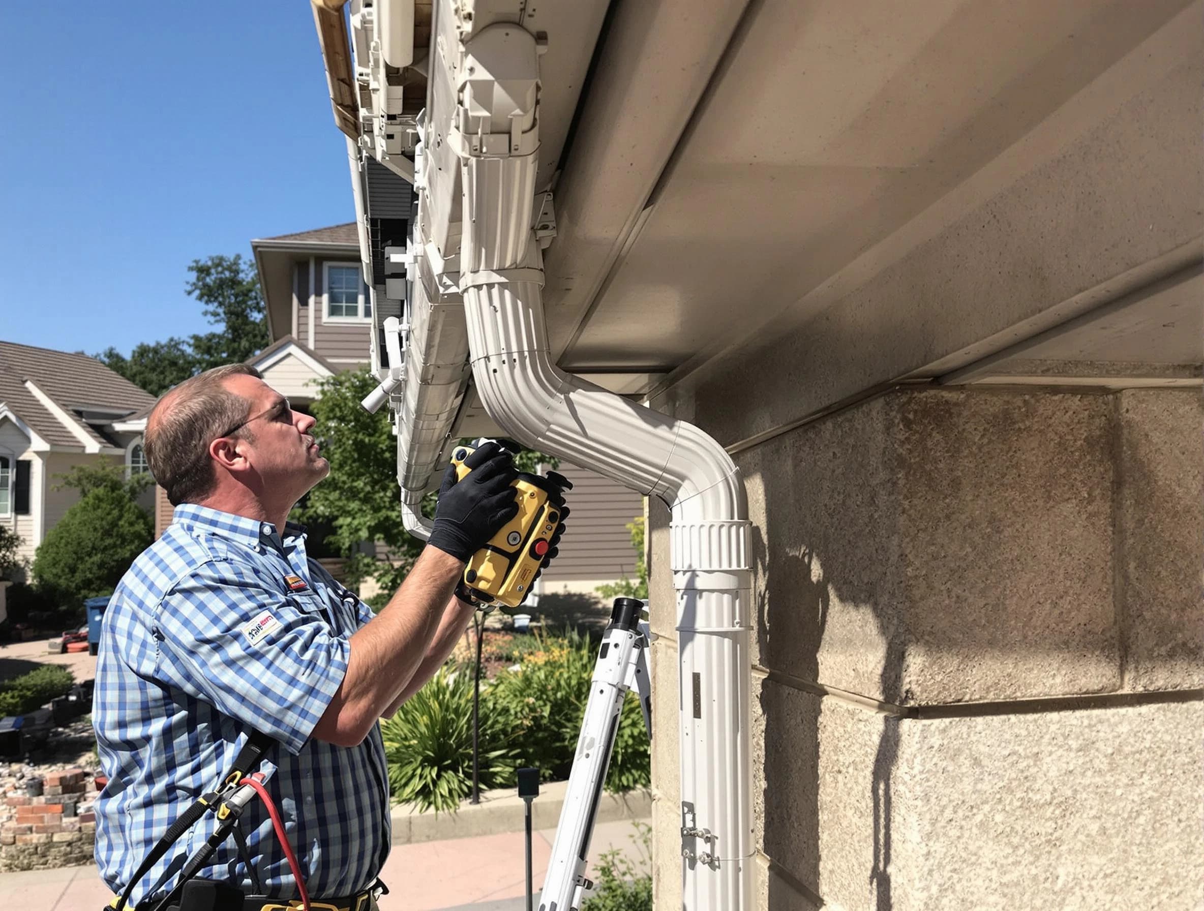 Close-up of a restored downspout system by Berea Roofing Company in Berea, OH