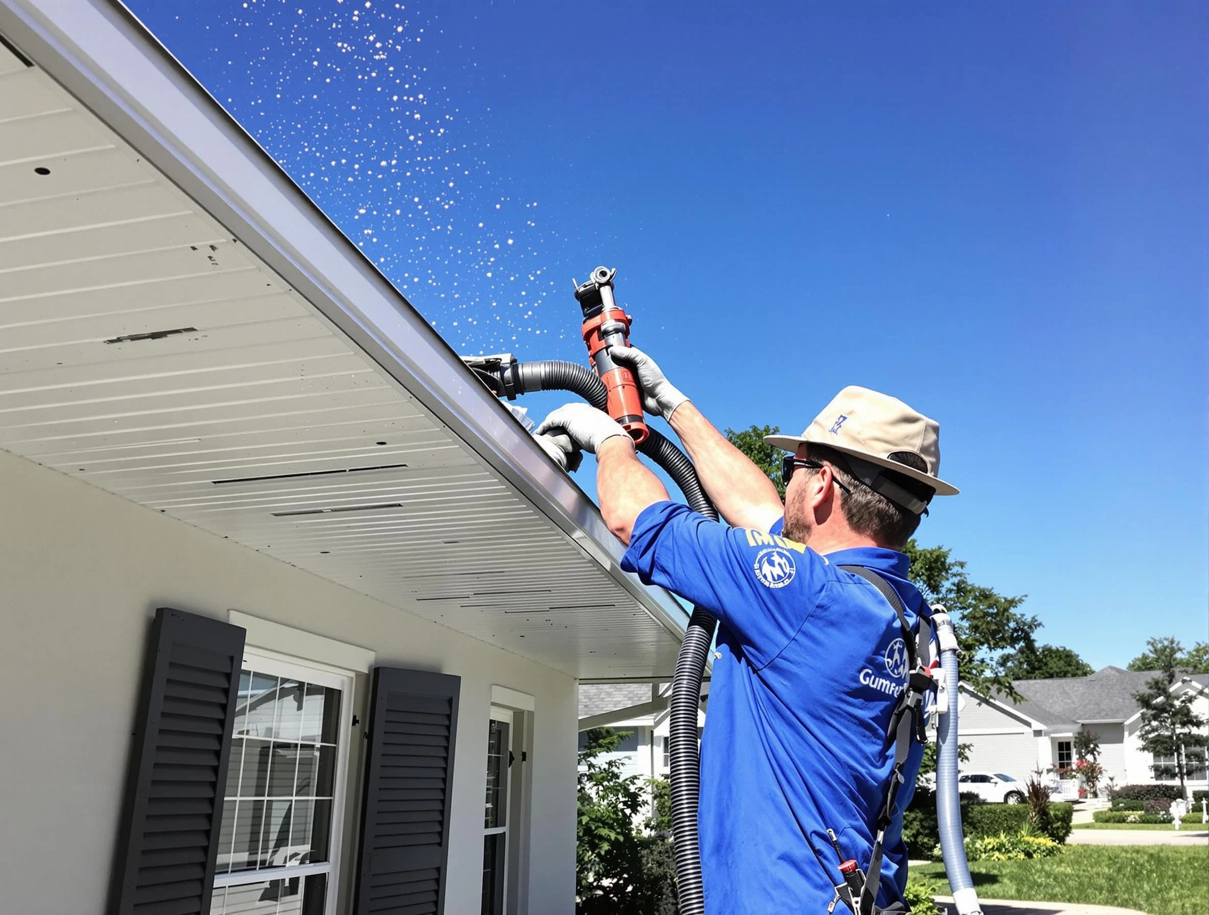 Technician completing a gutter cleaning project by Berea Roofing Company in Berea, OH