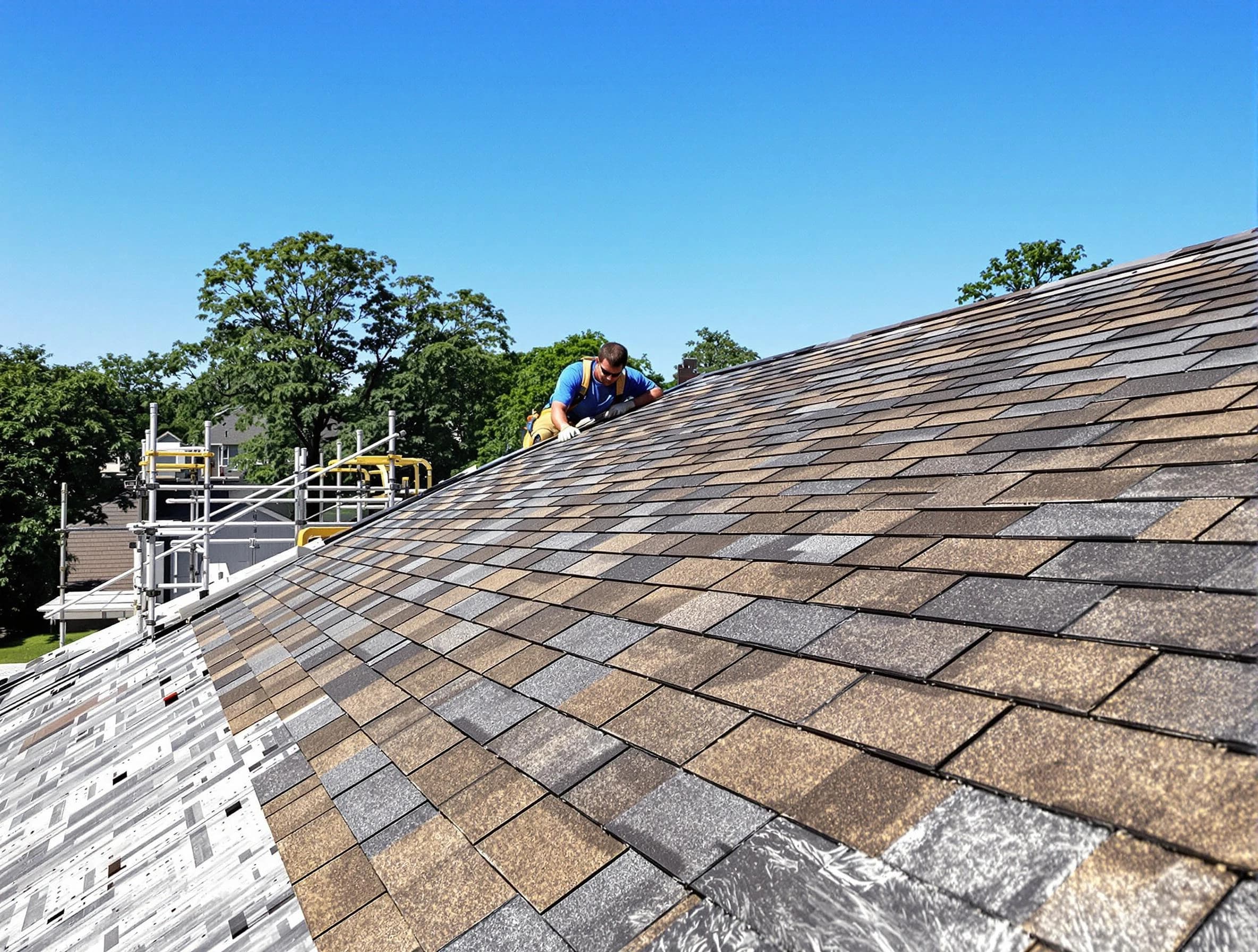 Close-up of new shingles installed by Berea Roofing Company in Berea, OH